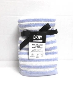 DKNY Set of 2 Hand Towels Blue with White Stripes Eco-Mélange 16" x 28" - Picture 1 of 2