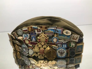 USSR CCCP RUSSIAN P-55 ARMY HAT 1984 LENIN WITH PATCHES, BADGES & PINS - GOOD - Picture 1 of 8