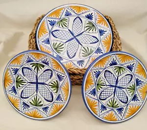 3 plates Handpainted French farmhouse cottage style geometric floral Dordogne - Picture 1 of 9