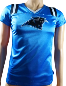 Women's Carolina Panthers NFL Football Blue V Neck Jersey Shirt S Diamond Beaded - Picture 1 of 4