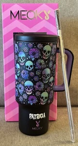 NIB MEOKY 40 OZ TUMBLER SKULLS PERSONALIZED "PATRICIA" W/ Straw Black Purple - Picture 1 of 5