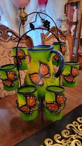 BIG Hand Painted BUTTERFLY Pitcher, 6 Tumblers w Metal Holder GREAT COLORS! - Picture 1 of 19