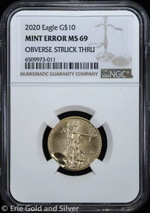 2020 $10 1/4 oz American Gold Eagle NGC MS 69 Mint Error Obverse Struck Through - Picture 1 of 5