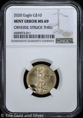 2020 $10 1/4 oz American Gold Eagle NGC MS 69 Mint Error Obverse Struck Through - Image 1 of 4