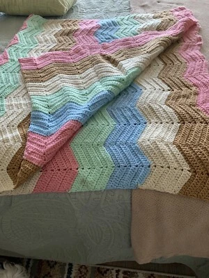 Handmade Pastel Chevron Crocheted Blanket 40”x70” @ Twin Bed Size Beautiful - Image 1 of 4