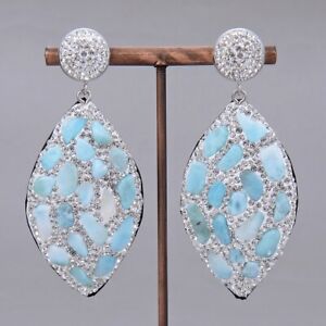 Natural Blue Larimar Silver Color Rhinestone CZ Pave Dangle Stud Lady Earrings