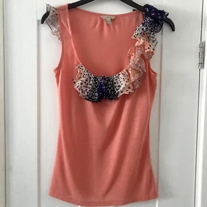Ted Baker Size 0 UK 6 Coral Modal Sleeveless Top Navy Beige Coral Silk Ruffle - Picture 1 of 9