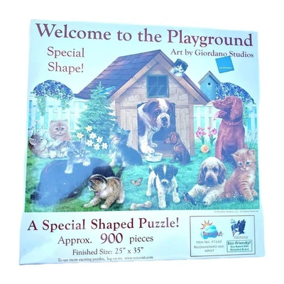 Welcome to The Playground Dogs & Cats 900 Piece Shaped Jigsaw Puzzle by SunsOut - Image 1 of 4