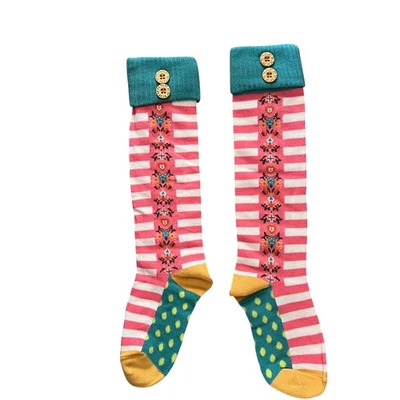 Matilda Jane Girls Socks Knee High Pink Striped Teal Cuff Button Size S - Image 1 of 4