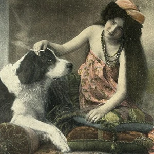 Schöne Frau Springer Spaniel Hund antik handbemalt getönt RPPC 1909 - Bild 1 von 3