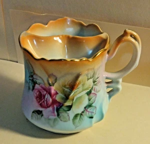 Lovely Antique Brandenburg Gold Gilt Shaving Mug with Pink Roses - Picture 1 of 6