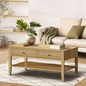 Oikiture Coffee Table Rectangle Table Side Storage Drawers Shelving Natural - Picture 1 of 10