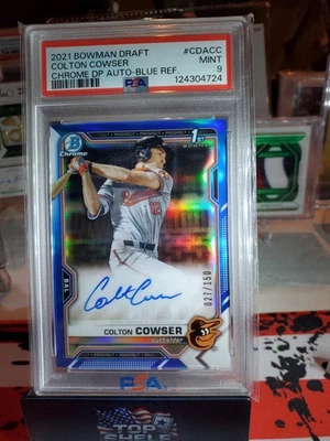 2021 BOWMAN DRAFT COLTON COWSER  CHROME DRAFT PICK AUTOGRAPH BLUE REF/ /150 PSA9 - Image 1 of 4