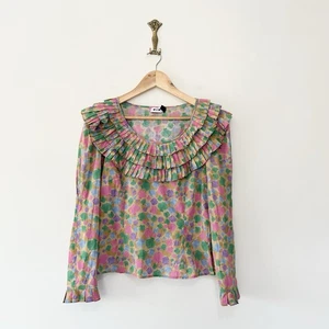 Rixo Leila Baumwolle Bluse Top M UK 12 Muschel Muster Statement Plissee Kragen - Bild 1 von 9