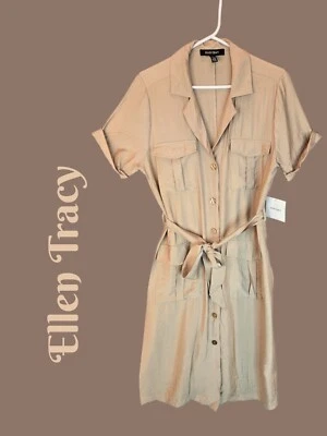 Ellen Tracy Midi Shirt Dress Sz M Tan Front-Button Pockets Belted Casual Comfort - Image 1 of 4