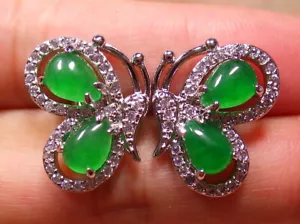 Genuine Ice Green Jade Drop Imitation Diamond 18KGP Stud Butterfly Earrings - Picture 1 of 10
