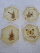 Vtg Set Of 4 Yellow  Lucite butterflies and  Greenery Coasters