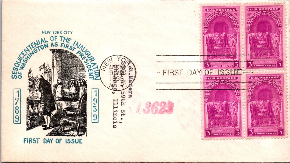 FDC 1939 SC #854 Nice Blue & Black Cachet - New York, Ny - Block Of 4 - J13511 - Image 1 of 2