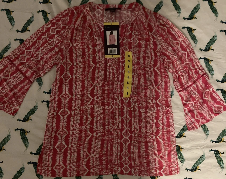 Womens Gloria Vanderbilt Nova Flutter Sleeve Blouse Tribal Weaving Azalea Large