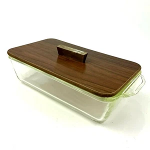 Fire King Laibpfanne MCM Klarglas rechteckig 409 9x5x2 1/4" selten Holzdeckel - Bild 1 von 7