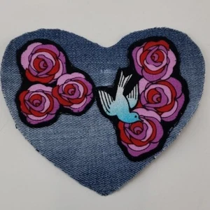Heart Shaped Denim Sew On Patch Roses and a Dove Upcycled Patch - Picture 1 of 4