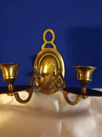 Vintage Antique Colonial Style Aged Brass Double Arm Wall Sconce Heavy Cover