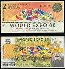 1988 Australia Last World Expo Dollar Set $2/$5 Brisbane Same Serial Promo-Notes