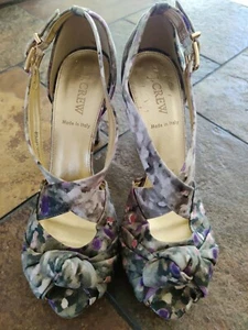 J Crew Women Love-Me-Knot Printed Platform Heels Green Abstract Peep Toe SZ 8.5 - Picture 1 of 12