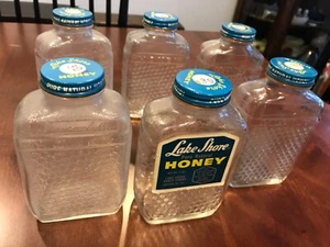 6 LAKE SHORE HONEY COMB JARS 1LB HONEYCOMB CLEAR ORIGINAL LABEL ANCHOR HOCKING - Picture 1 of 17