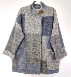 FARHI by NICOLE FARHI Coat Large Blue & Grey Wool Blend Pockets Stud Fastenings - Picture 1 of 10