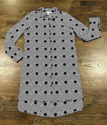 Vestido Camisa Diane Von Furstenberg DVF 100% Seda Prita Negro Blanco Botón Frontal 4 Foto 1 de 4