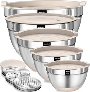 Mixing Bowls with Airtight Lids Set, 8PCS Stainless Steel Khaki Nesting Bowls wi - Picture 1 of 12