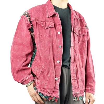 Chaqueta de mezclilla unisex para hombre y mujer roja lavada geométrica ribete azteca envejecida L Foto 1 de 4
