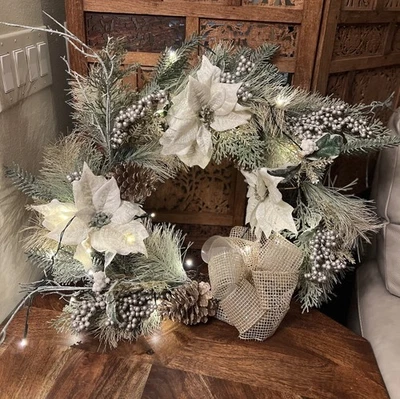 Christmas Wreath White Poinsettia Lighted Large Door Hanging 26 inch Pinecone - Image 1 of 4