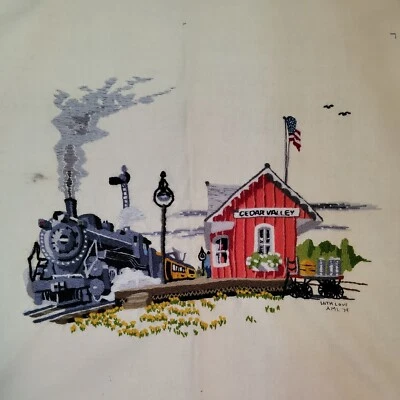 Completed Vintage Crewel Embroidery 1970’s Train Locomotive Station Cedar Valley - Image 1 of 4