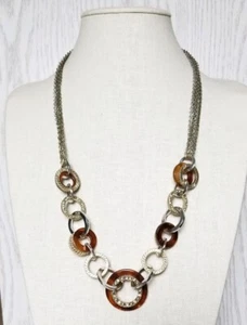 Ann Taylor Loft Circle Link Necklace Tortoise Amber Plastic Crystal Two Tone  - Picture 1 of 11