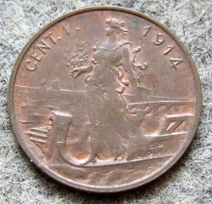 ITALY VITTORIO EMANUELE III 1914 1 CENTESIMO, FEMALE STANDING ON PROW OF A SHIP - Picture 1 of 6