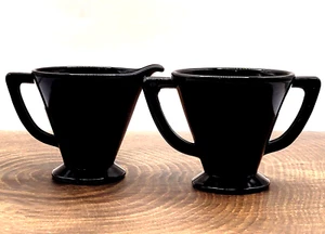 Art Deco Style Vintage Black Amethyst Dark Glass Cream and Sugar Bowl Set Small - Picture 1 of 19