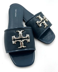 TORY BURCH ELEANOR SLIDE SANDAL BRISK BLUE LEATHER SILVER-TONE LOGO SZ US 9 NIB - Picture 1 of 18