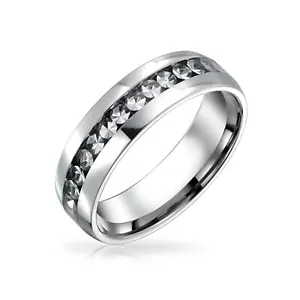 Customize Channel Set Crystal Eternity Band Ring Unisex Silver Toned Stainless - Picture 1 of 44