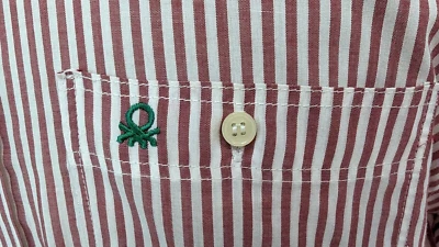 Vtg 80s BENETTON Camp Shirt Red Striped S/S Green Embroidered Logo Men's L EUC* - Image 1 of 4