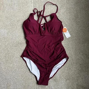 Charmo Tummy Control One-Piece Swimsuit, Ruched High Cut Monokini, Burgundy, XL - Picture 1 of 4