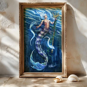 MERMAID FINE ART PRINT, Wall Decor Poster, Merman Pirate Painting, Beach Home - Picture 1 of 4