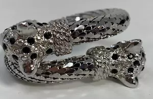 Whiting & Davis Panthers w/ Ruby Red Eyes Mesh Silver Bracelet Twist Rare Signed - Picture 1 of 14