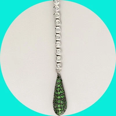 Natural Diamond Tsavorite Teardrop Pendant Necklace .40CT 14K WG 17” Chain - Image 1 of 4