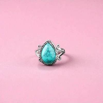 Blue Turquoise Stone Wedding Statement Anniversary Ring 925 Sterling Silver US 6 - Image 1 of 4