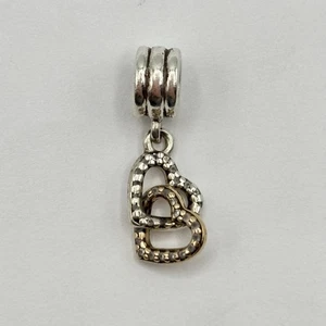 Retired Pandora 14k Yellow Gold & Sterling Silver Interlocking Cz Hearts Charm - Picture 1 of 6