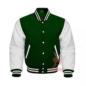 Varsity Letterman Bomber Forest Green Wool Genuine White Leather Sleeves Jackets - Picture 1 of 6