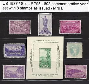 U.S. 1937 Commemorative Year Set # 795 ~ 802 8 MNH Stamps - Picture 1 of 1