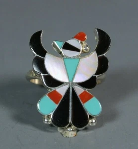 Zuni Thunderbird Ring size 7 inlay turquoise coral Breon Wallace - Picture 1 of 6